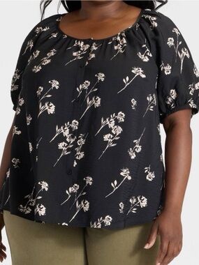 Ava & Viv Women's Puff Elbow‎ Sleeve Button-Front Top -Black Floral 2X